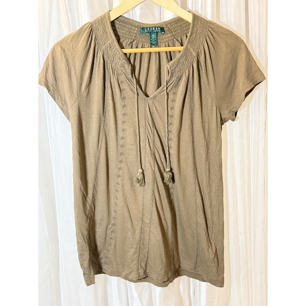 Lauren Ralph Lauren Top Womens XS Brown Cotton Smocked Tassel Embroidered Boho
